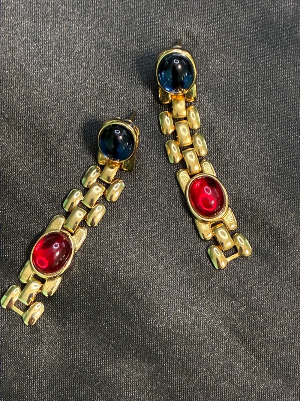 Vintage Gold-Tone Red & Blue Cabochon Link Drop Earrings